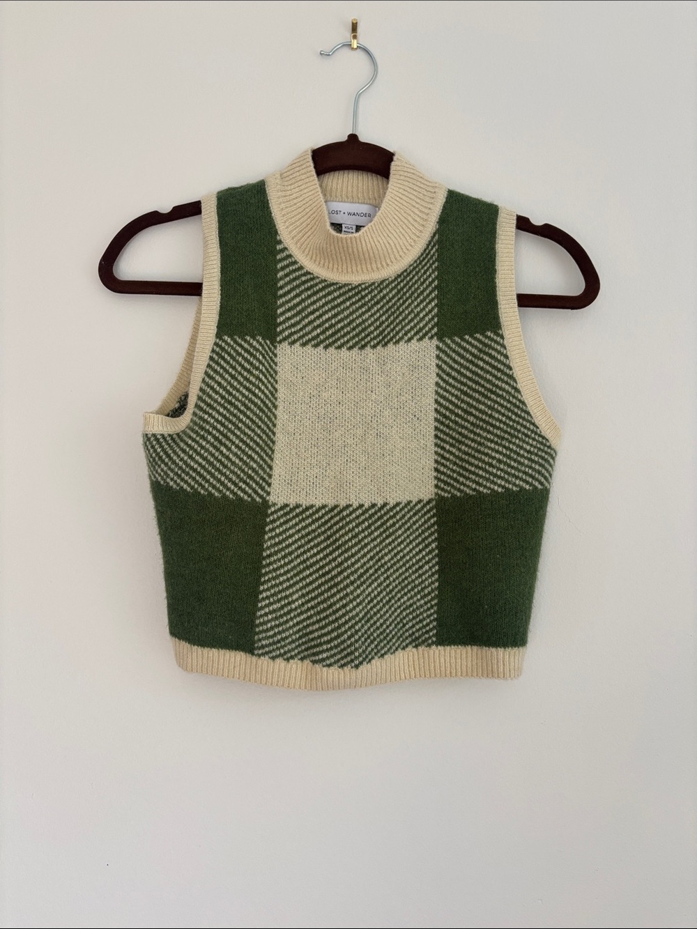 Lost + Wander Cream and Green Check Sleeveless Mock-Neck Sweater Vest